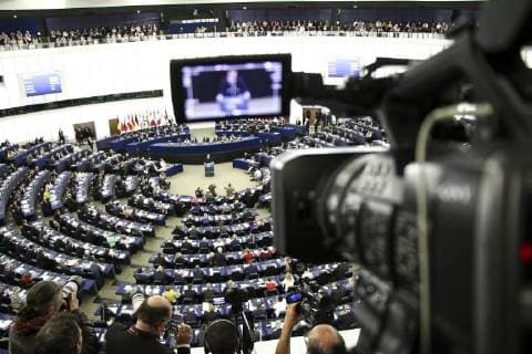 French President Emmanuel Macron delivers his speech at the European Parliament in Strasbourg, eastern France, Tuesday, April 17, 2018. Macron is expected to outline his vision for the future of Europe to push for deep reforms of the 19-nation eurozone and will launch a drive to seek European citizens opinions on the European Union s future. Ambiance NEWS : Emmanuel Macron Parlement Europeen - Strasbourg - 17 04 2018 ElyxandroCegarra Panoramic