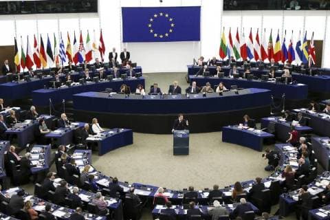 French President Emmanuel Macron delivers his speech at the European Parliament in Strasbourg, eastern France, Tuesday, April 17, 2018. Macron is expected to outline his vision for the future of Europe to push for deep reforms of the 19-nation eurozone and will launch a drive to seek European citizens opinions on the European Union s future. Ambiance NEWS : Emmanuel Macron Parlement Europeen - Strasbourg - 17 04 2018 ElyxandroCegarra Panoramic