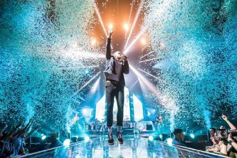 The musicians of the band Imagine Dragons are on 18 April 2018 in the King Pilsener Arena in Oberhausen on stage concert Imagine Dragons in Oberhausen