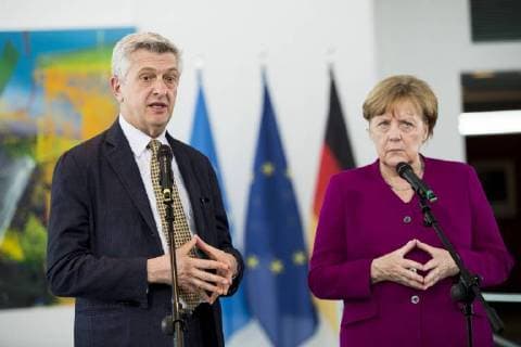 German Chancellor Angela Merkel and United Nations High Commissioner for Refugees UNHCR Filippo Grandi give a press statement at the Chancellery in Berlin on 23 April 2018 Angela Merkel meets UN Refugee Commissioner Grandi in Berlin