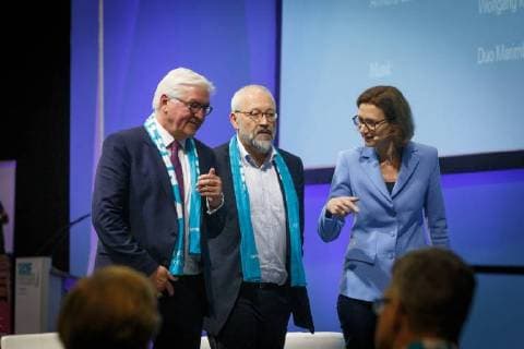 DEU Germany Nordrhein Westfalen Münster 10 05 2018 101 German Katholikentag Frank Walter Steinmeier Federal President Prof Dr Herfried Münkler Political scientist and Bettina Schausten Director of the ZDF Hauptstadtstudios