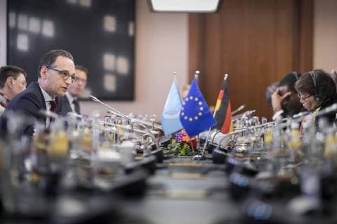 Federal Foreign Minister Heiko Maas SPD meets with UN ambassadors at the Foreign Office in Berlin 14 05 2018 Berlin Germany Copyright: xFlorianxGaertnerx