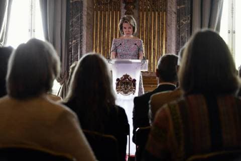 Queen Mathilde of Belgium delivers a speech during a ceremony to award the Queen Mathilde Award 2018, in Brussels, Wednesday 16 May 2018. The winner of the Queen Mathilde award is selected by a youth jury from one of the thirteen Queen Mathilde Foundation projects  ERICxLALMAND 05346921