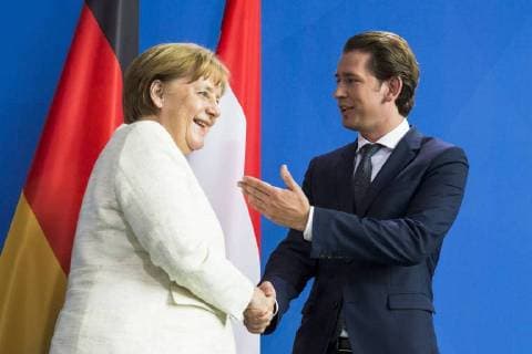 German Chancellor Angela Merkel and Austrian Chancellor Sebastian Kurz hold a press conference after the joint talks at the Chancellery in Berlin on 12 June 2018 Angela Merkel meets Sebastian Kurz