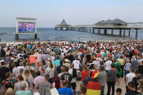 View on Sunday 17 06 2018 in Heringsdorf Landkreis Vorpommern Greifswald Usedom Island on the football beach during the public viewing during the World Cup in Russia and the match Germany Mexico