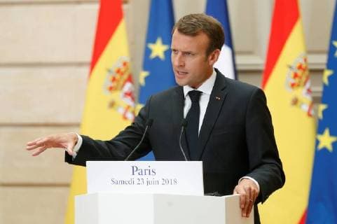 French President Emmanuel Macron and Spanish Prime Minister Pedro Sanchez (unseen) attend a press conference after their meeting at Elysee Palace in Paris, France, 23 June 2018. Macron meets with Pedro Sanchez !ACHTUNG: NUR REDAKTIONELLE NUTZUNG! Copyright: xChemaxMoyax GRAF6164 20180623-636653678417978480