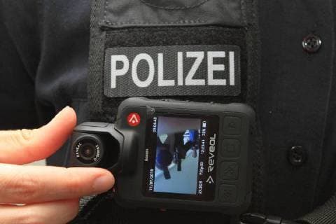 On the spot Press conference on Wednesday 11 07 2018 in the police headquarters Anklam Vorpommern Greifswald on the presentation of Bodycams at the police of the country Mecklenburg Vorpommern The country would like to equip