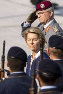 Federal Minister of Defense Ursula von der Leyen C and Inspector General of the Federal Armed Forces Eberhard Zorn above at the solemn parade in the Bendler Block in the Federal Ministry of Defense in Berlin on 20 July 2018 The ceremony also commemorates the German resistance and the failed attempt on Hitler by Claus Schenk Graf von Stauffenberg, July 20, 1944 Solemn attendance of recruits in Berlin