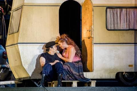 ERFURT DOM STAGE FESTIVAL 2018 CARMEN Carmen played by Katja Bildt Don JosŽ played by Won Whi Choi 01 08 2018 Erfurt The photo sample of the 25 DomStufen Festspiele with Georges Bizets opera Carmen on 2 August 2018 on the Erfurt Cathedral Square