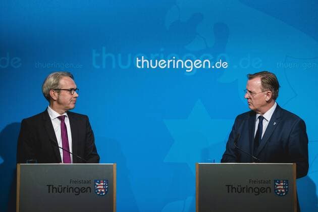 REGIONAL MEDIA CONFERENCE THÜRINGER LANDESREGIERUNG 28 08 2018 Erfurt The Government Media Conference of the Thuringian Provincial Government on August 28, 2018 in the Thuringian State Chancellery The Thuringian Prime Minister Bodo Ramelow DIE LINKE and the Thuringian Minister for the Interior and Municipal Georg Maier SPD informed about the date for the state election 2019