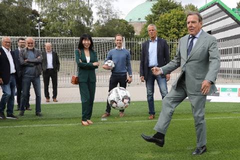 Hanover Former Chancellor Gerhard Schröder 74 with wife Soyeon Kim visiting the Hannover 96 Sport Academy