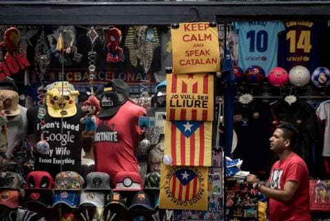 September 10, 2018 - Barcelona, Catalonia, Spain - Pro-independence merchandising displays in a souvenirs shop in Barcelona downtown , Spain, on 10 September 2018 the day before the celebration of La Diada (Catalan National Day) Barcelona Spain  - ZUMAn230 20180910_zaa_n230_323 Copyright: xJordixBoixareux