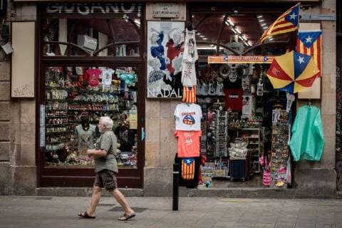 September 10, 2018 - Barcelona, Catalonia, Spain - Pro-independence merchandising displays in a souvenirs shop in Barcelona downtown , Spain, on 10 September 2018 the day before the celebration of La Diada (Catalan National Day) Barcelona Spain  - ZUMAn230 20180910_zaa_n230_324 Copyright: xJordixBoixareux