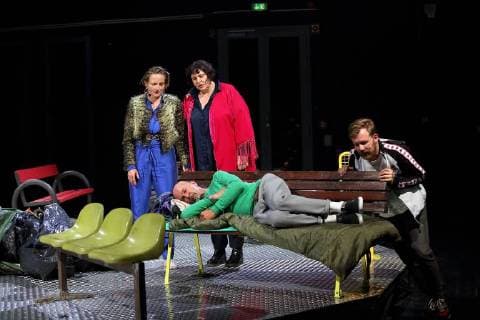 Bettina Hoppe Alexandra Zipperer Rene Wallner and Nico Holonics v l during the photo rehearsal for Auf dem Strasse in the Berliner Ensemble Kleines Haus Premiere is on 13 September 2018 piece and directed by Karen Breece stage Eva Veronica Born costumes Claudia Irro Berliner Ensemble On the street