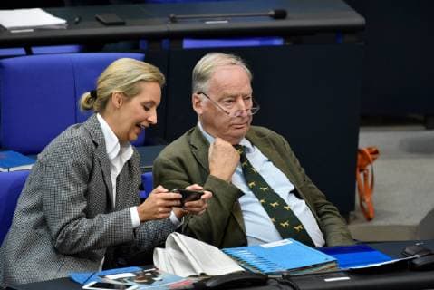 Germany Berlin 12 09 2018 Alice Weidel r AfD and Alexander Gauland converse during the 48th session of the Bundestag