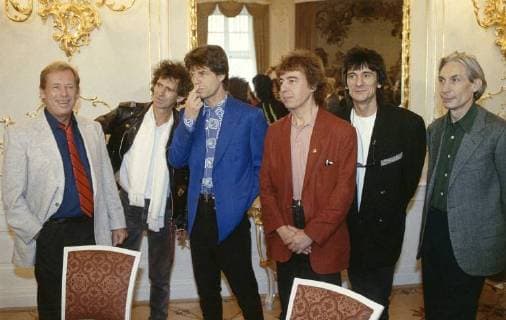 President Vaclav Havel, from left, meets the Rolling Stones (Keith Richards, Mick Jagger, Bill Wyman, Ron Wood and Charlie Wats) at Prague Castle, Czechoslovakia, on August 18, 1990, before their first concert in Prague. (CTKxPhoto MichalxKrumphanzl) CTKPhotoF201201190225401 