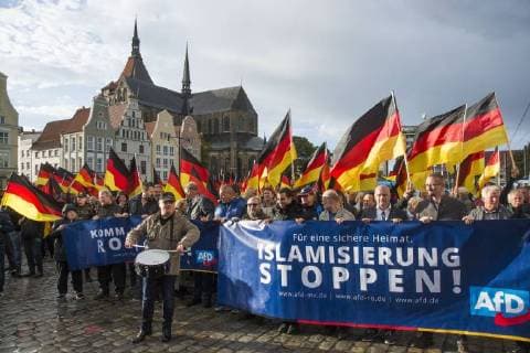 Elevator of participants of an AfD demonstration under the motto For our country and our children with the thrüringische AfD country boss Björn Höcke Rostock Copyright: FrankxHormannx xnordlicht