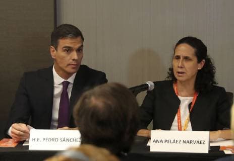 Spanish Prime Minister Pedro Sanchez and international disabilities expert Ana Pelaez (R) speak at the act Violence against women and youngsters with disabilities during the United Nations General Assembly, in New York, United States, 24 September 2018. Violence against women and youngsters with disabilities act in New York !ACHTUNG: NUR REDAKTIONELLE NUTZUNG!  Copyright: xBallesterosx NYC05 20180924-636734276998511809