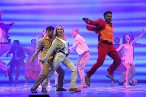 The actors of the musical Mamma Mia dance and sing on 11 10 2018 in Cologne on a PressCall on stage. The musical will be performed until 18.11. In Cologne Main actor Sabine Meyer Donna Barbara Raunegger Rosie Betty Vermeulen Tanja and the potential fathers Karim Khawatmi Sam Detlef Leistenschneider Harry and Jörg Zuch Bill