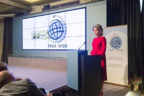 Queen Mathilde of Belgium delivers a speech at the 25th anniversary of the CFDD-FRDO federal council for sustainable development, in Brussels, Friday 12 October 2018. JAMESxARTHURxGEKIERE 05445805