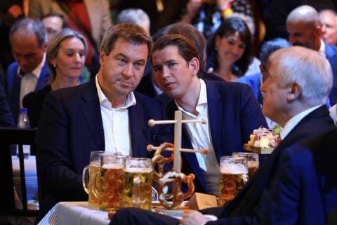 CSU election campaign Final spurt Bavarian State Premier Dr Markus Soeder of the CSU Chairman and Federal Interior Minister Horst Seehofer and the Chancellor of the Republic of Austria Sebastian Kurz during the election campaign Final spurt Rally of the CSU in the Loewenbraeukeller in Munich Munich Bavaria Germany