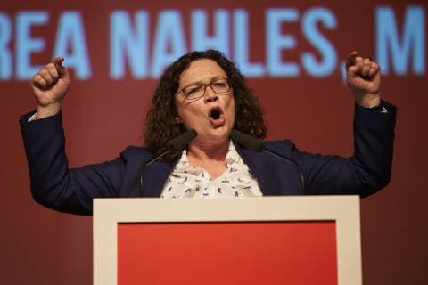 State party convention SPD Rhineland Palatinate 20 10 2018 Rhineland Palatinate Ochtendung Andrea Nahles SPD party leader Gesticulates in her speech The SPD Rhineland-Palatinate nominates her candidates for the European elections in May 2019 In addition, the representatives are elected the Rhineland Palatinate national association at the Federal Delegates Conference on the European elections 2019 represent