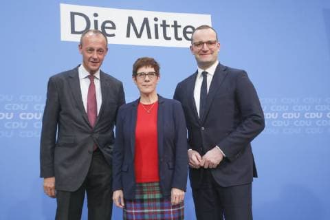 Friedrich Merz Annegret Kramp Karrenbauer and Jens Spahn at their presentation as candidates for CDU Federal Presidency at the Federal Executive Committee of the Womens Union in the Konrad Adenauer Haus on 09 11 2018 in Berlin Merz Spahn and Kramp Karrenbauer at their first joint appearance in Berlin