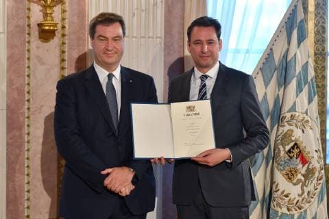State Premier Dr Markus Soeder with State Minister of Justice Georg Eisenreich Member of the State Parliament Cabinet Soeder Certificate of Appointment Certificate of Appointment in Prince Carl Palais on 12 11 2018