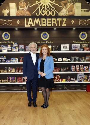 Dr Hermann Buehlbecker sole owner LAMBERTZ Sarah Ferguson Duchess of York visiting the LAMBERTZ booth at ISM Koelnmesse 2019