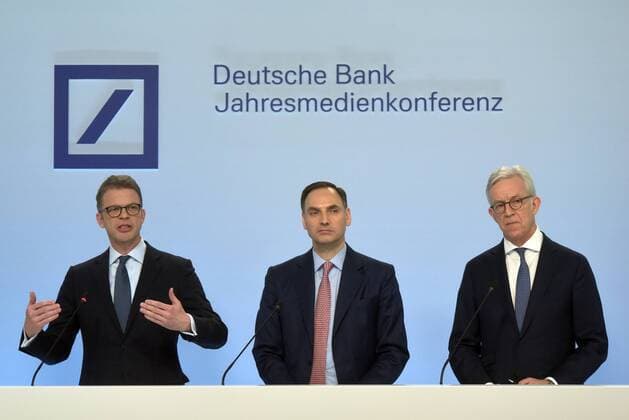 Germany Frankfurt 01 02 2019 v l n r Christian Sewing Chairman of the Management Board James von moltke Chief Financial Officer and Karl von Rohr Deputy Chairman of Deutsche Bank AG during the press conference Annual media conference of Deutsche Bank AG
