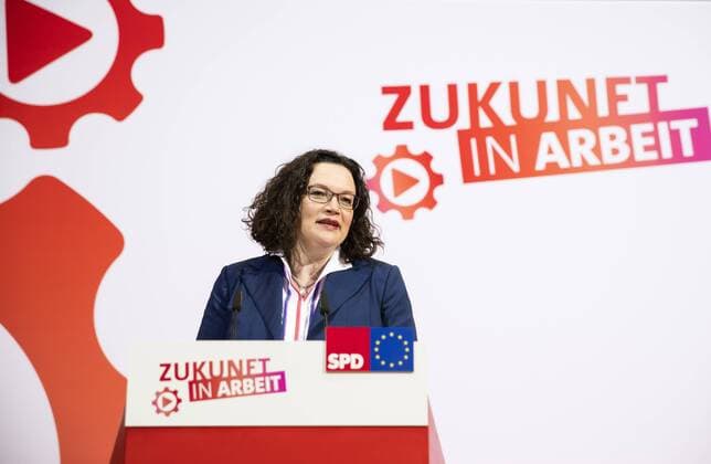 SPD chairman Andrea Nahles gives a statement at the end of the first day of the annual kick-off meeting of SPD leaders in the Willy Brandt House in Berlin on 10 February 2019 Annual kick-off meeting of SPD leaders in Berlin