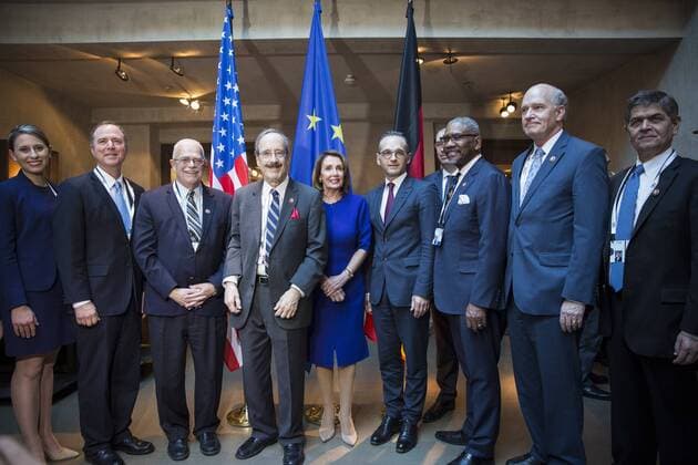 Federal Foreign Minister Heiko Maas 6L SPD and Nancy Pelosi 5L Faction Chairwoman of the Democratic Party in the House of Representatives of the U.S.A. taken in front of the Transatlantic Coffee with the US CODEL in the context of the Munich Security Conference MSC in Munich 16 02 2019 Munich Germany Copyright: xFlorianxGaertner photothek.netx