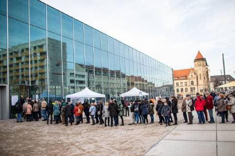 Bauhaus Museum Dessau Ready for the museum Kick-off for the 100th anniversary of the Bauhaus Long queues in front of the museum as the capacity was limited to 400 people during the event Ready for the museum Kick-off for the 100th anniversary of the Bauhaus in Dessau in the Bauhaus Museum Dessau on 23 February 2019 in Bauhaus city Dessau Saxony Anhalt Saxony Anhalt Germany Germany