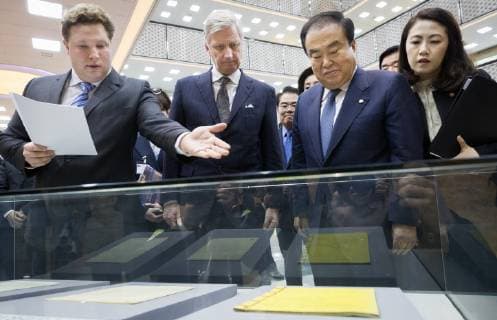 King Philippe - Filip of Belgium pictured with the Speaker of the National Assembly of the Republic of Korea during a visit of the exhibition Belgium-Korea Relations in 10 archives on the second day of a State Visit in Seoul, South Korea, Tuesday 26 March 2019. The Belgian Royal couple is on a four days state visit to South Korea. BENOITxDOPPAGNE 05555549