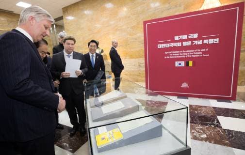 King Philippe - Filip of Belgium pictured with the Speaker of the National Assembly of the Republic of Korea during a visit of the exhibition Belgium-Korea Relations in 10 archives on the second day of a State Visit in Seoul, South Korea, Tuesday 26 March 2019. The Belgian Royal couple is on a four days state visit to South Korea. BENOITxDOPPAGNE 05555550
