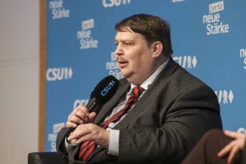 Munich Time for a New Strength Base Tour of the CSU in the Hans Seidel Foundation v l with Dr Markus Soeder Bavarian State Premier Bernd Posselt MEP and Markus Blume CSU Secretary General Bernd Posselt speaks at the European elections