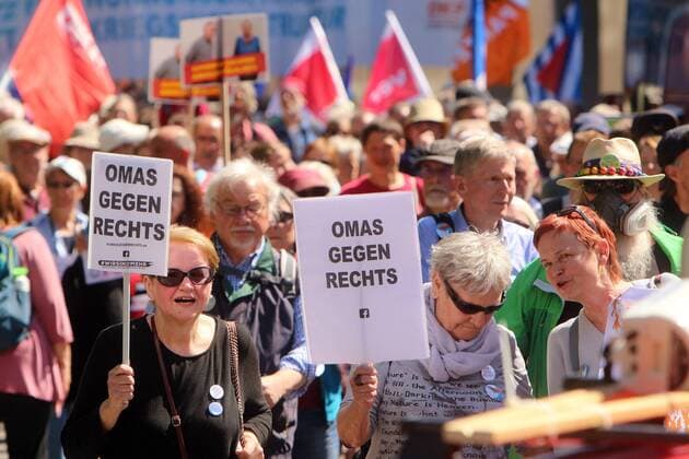 Easter March of the Peace Movement in Stuttgart Baden Württemberg Germany Senior Women with Poster Grandma Against Right