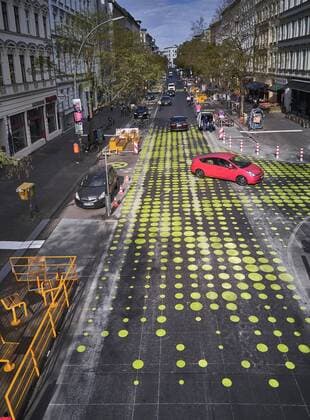 Berlin Kreuzberg Bergmannstrasse Traffic signs in green Streetart or traffic calming 26 4 2019 Handelmann