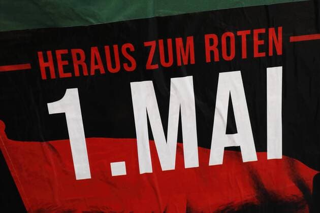 Posters for 1 May Berlin Germany DEU GER 16 04 2019 Berlin Poster advertising for demonstration on 1 May on the streets of the capital Poster with the call HERAUS ZUM ROTEN 1 MAI 13 UHR KARL MARX PLATZ 90 JAHRE BLUTMAI NEUKÖLLN VERGISST NICHT 1 Mai Posters Berlin