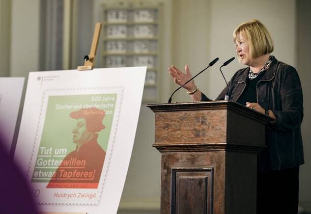 Bettina Hagedorn Parliamentary State Secretary in the Federal Ministry of Finance Speaking at the presentation of the special postage stamp of Huldrych Zwingel 500 Years of Zurich and Upper German Reformation in the Franzâˆöâˆsischen Friesdrichstadtkirche in Berlin 06 05 2019 Berlin Germany Copyright: xFelixxZahn photothek.netx