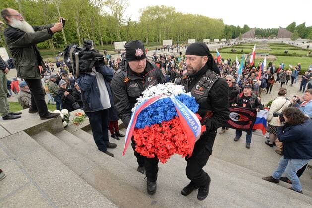 Berlin Treptow at the Soviet Memorial of the Unknown Soldier in Treptower Park Russians celebrate the victory of 1945 in Berlin The nationalist Russian motorcycle club Night Wolves are also present