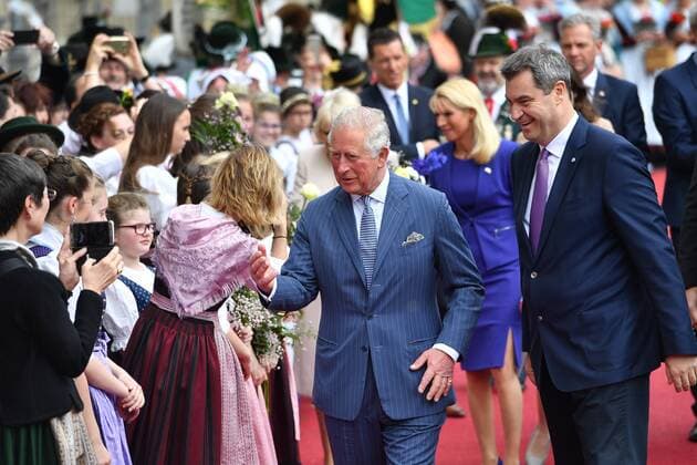 Prince Charles and Duchess Camilla Markus SOEDER State Premier Bavaria and CSU Chairman and wife Karin on their arrival at Max Joseph Square Visit of the Prince of Wales and Duchess of Cornwall to Munich on 09 05 2019
