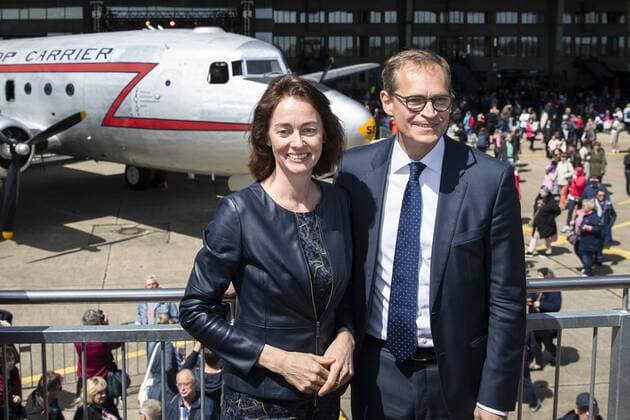 Berlins Governing Mayor Michael Mueller and Minister of Justice Katarina Barley at the Airlift Festival for the 70 years after the end of the blockade at Tempelhofer Feld in Berlin on 12 May 2019 Airlift Festival in Berlin