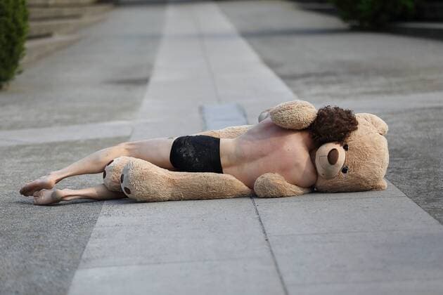 Niels Weijer during the dance performance I Love You Teddy So Much at Platz der Einheit in Potsdam, 17 May 2019 Choreography Niels Weijer HZT Berlin Dance in public space during the Potsdam Dance Days Potsdam Dance Days I Love You Teddy So Much