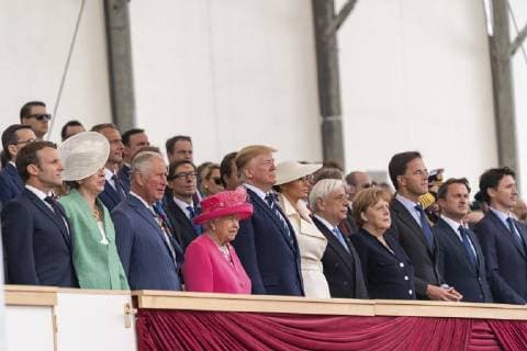 June 5, 2019 - Portsmouth, England, United Kingdom - U.S President Donald Trump stands with European leaders during an event marking the 75th anniversary of D-Day June 5, 2019 in Portsmouth, England. Standing left to right are: French President Emmanuel Macron, British Prime Minister Theresa May, Prince Charles, Queen Elizabeth II, U.S. President Donald Trump, First Lady Melania Trump, Greek President Prokopis Pavlopoulos, German Chancellor Angela Merkel, Dutch Prime Minister Mark Rutte, Luxembourg Prime Minister Xavier Bettel and Canadian Prime Minister Justin Trudeau. Portsmouth United Kingdom - ZUMAp138 20190605_zaa_p138_058 Copyright: xAndreaxHanksx
