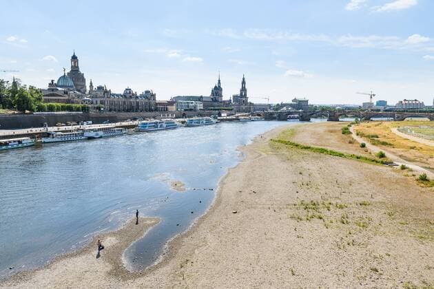 View from the Carola Bridge to the low water level of the Elbe and the Brühlsche Terrasse with some ships of the fleet of the Saxon Steamship Company Short walk through the Old Town on Wednesday afternoon Dresden 10 July 2019