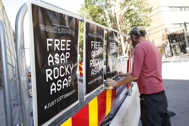 A man putting upp posters saying FREE ASAP ROCKY ASAP outside the Kronoberg custody in Stockholm, Sweden July 25, 2019 Today the prosecuter announced that he brings a prosecution for assault and battery against the well known artist ASAP Rocky Rakim Mayers Stockholm Sweden x1081x,  Copyright: xFredrikxPersson TTx ASAP ROCKY