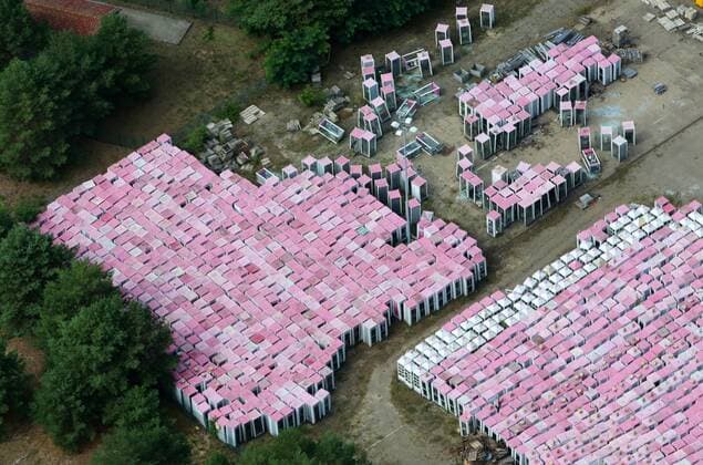 Aerial photos MICHENDORF, 04 08 19, Collection point for telephone booths Telekom site pink telephone booths are stored in a forest near Michendorf and are available for sale Phone booths Cemetery