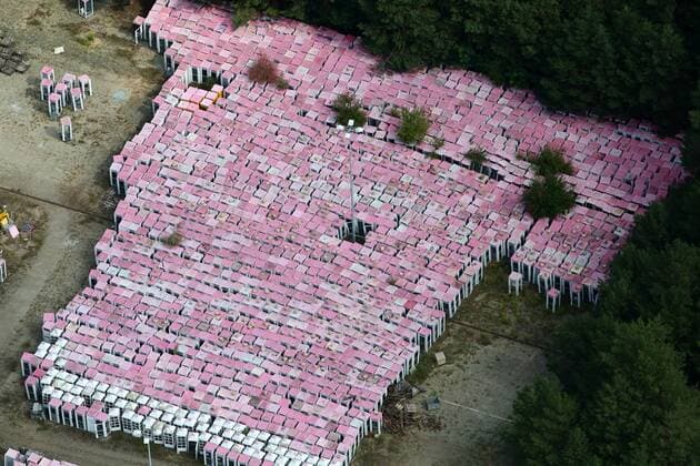 Aerial photos MICHENDORF, 04 08 19, Collection point for telephone booths Telekom site pink telephone booths are stored in a forest near Michendorf and are available for sale Phone booths Cemetery