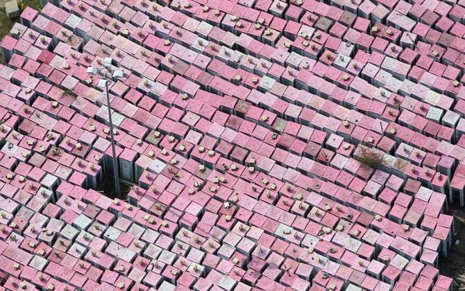 Aerial photos MICHENDORF, 04 08 19, Collection point for telephone booths Telekom site pink telephone booths are stored in a forest near Michendorf and are available for sale Phone booths Cemetery